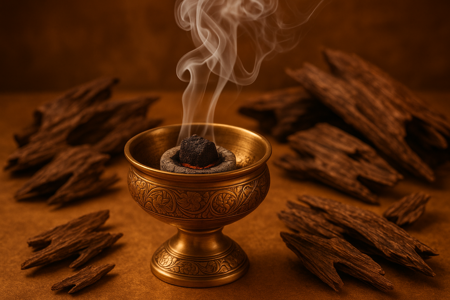 make a image of dukhoon being burnt on coal on a bukhoor burner put agarwood in the background