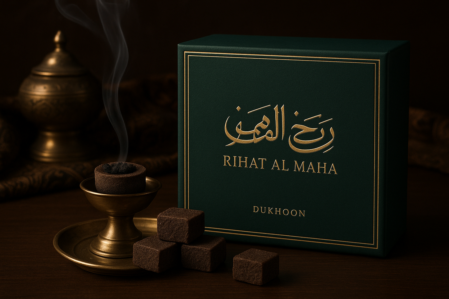 genrerate a pic of dukhoon with dark green box and include my brand name rihat al maha 