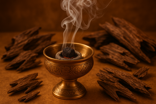 make a image of dukhoon being burnt on coal on a bukhoor burner put agarwood in the background 